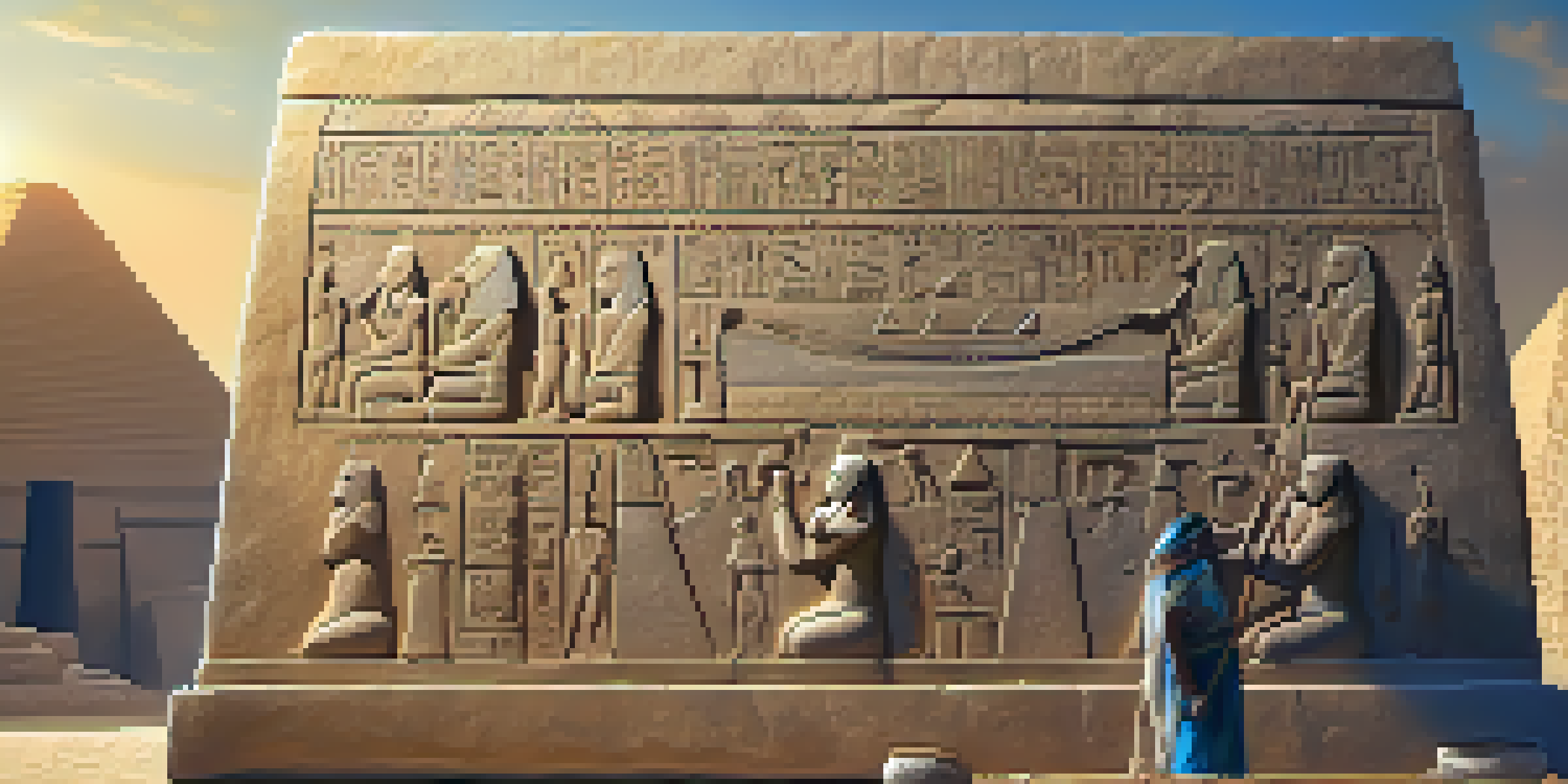 An ancient Egyptian artisan carving a limestone block under the warm light of the sunset, with chisels and hieroglyphs visible.