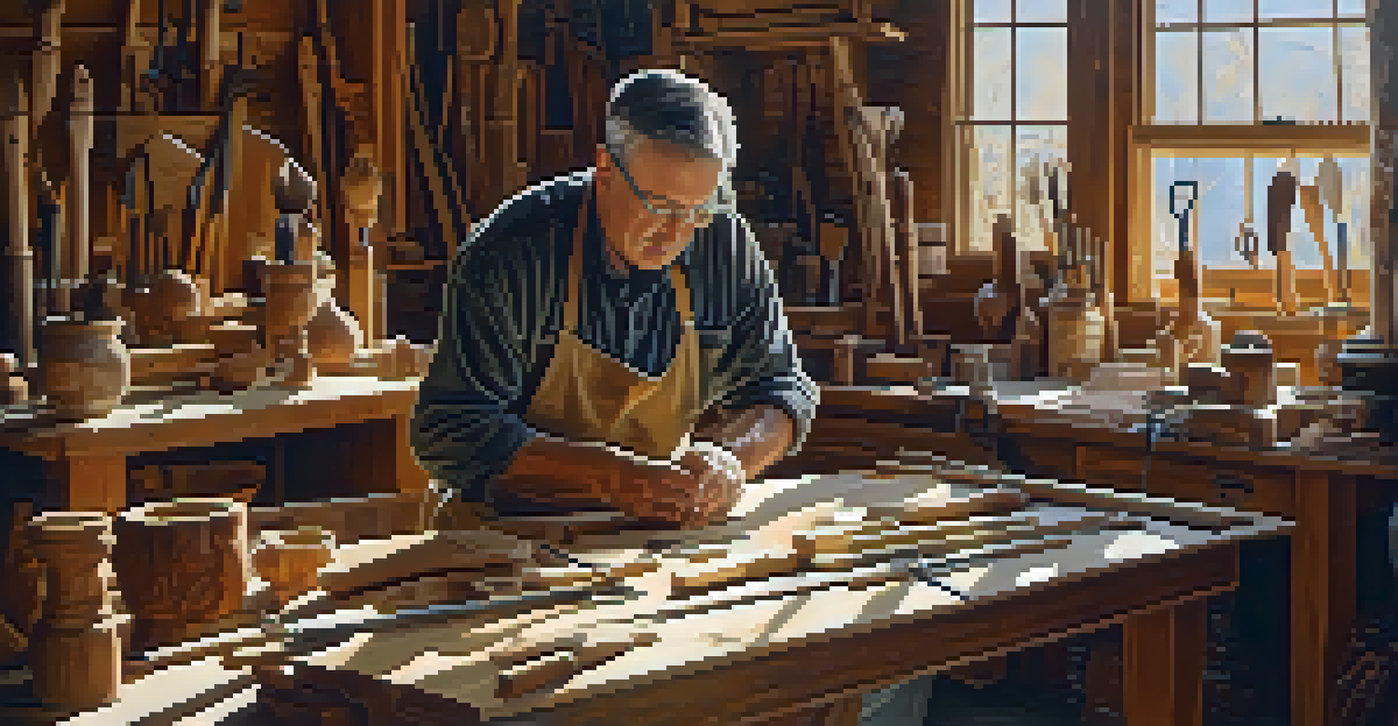 An artisan working on wood carvings in a bright workshop filled with tools and wood pieces.