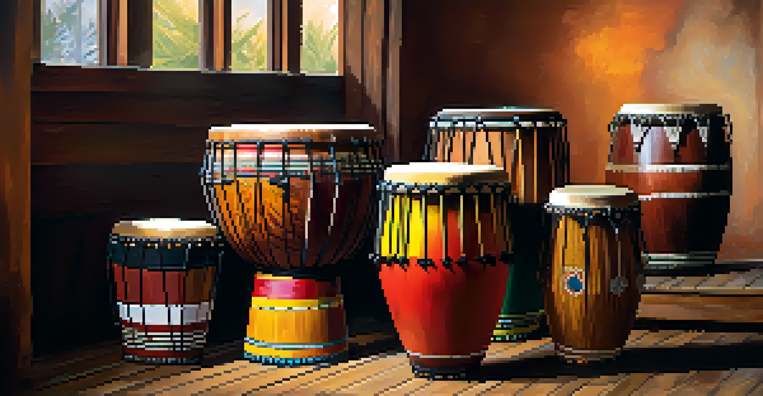 An assortment of colorful African drums arranged in a circle on a wooden floor, illuminated by natural light.