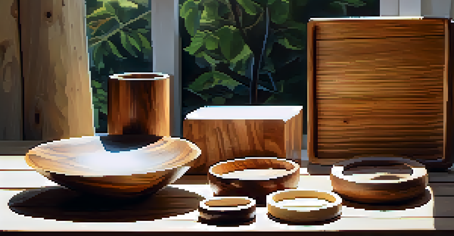 A collection of finished recycled wood projects including a sculpture, bowl, and coasters, beautifully arranged on a table.