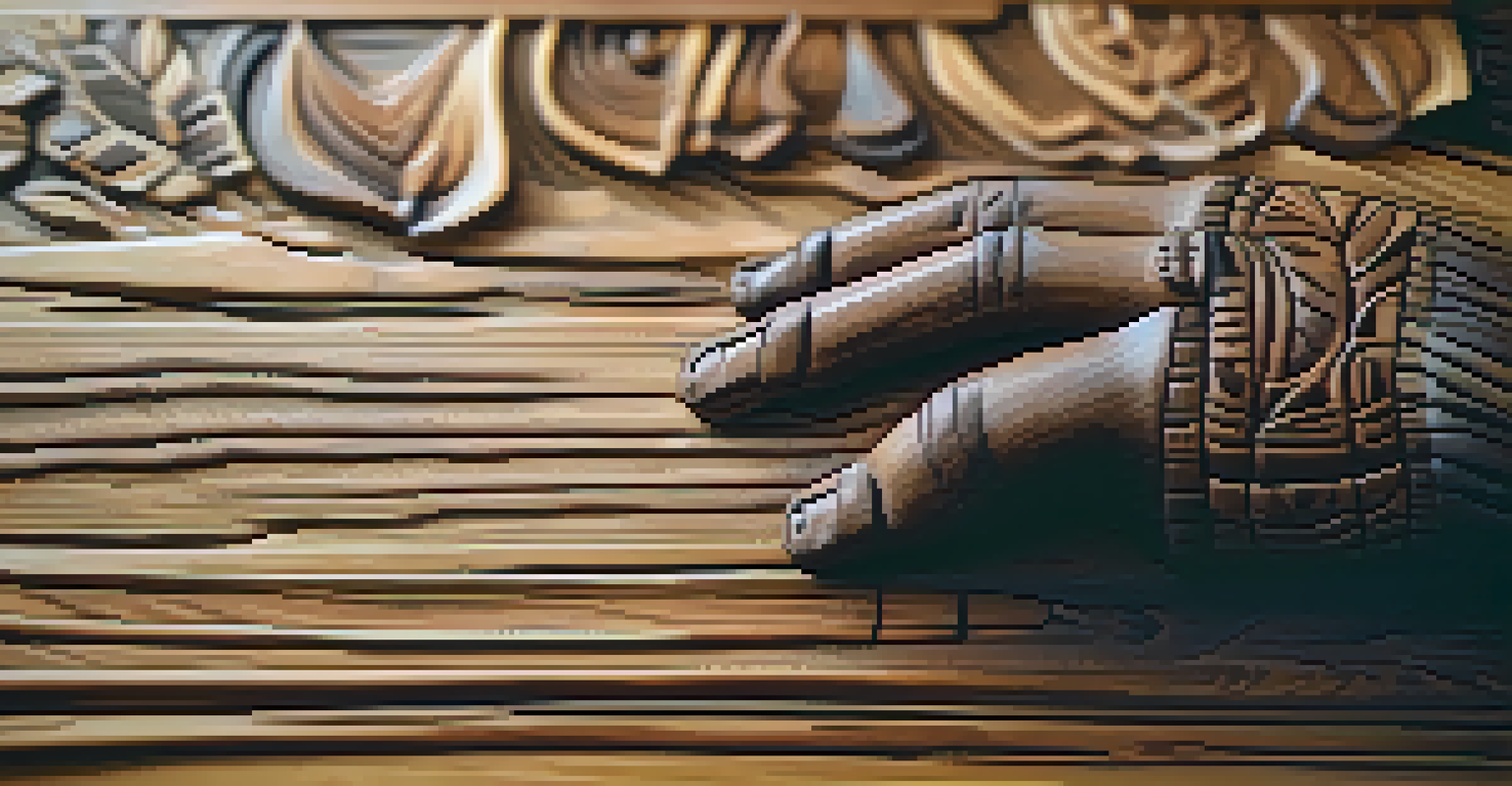 A close-up of a hand carving a wooden totem, showcasing the wood grain and textures, with a blurred natural background.