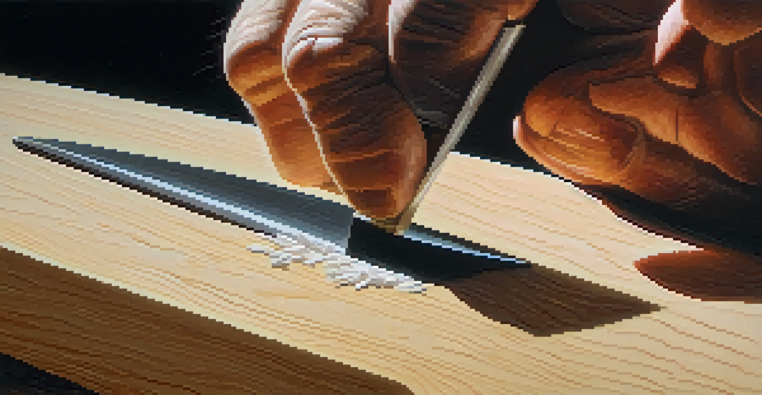An artist's hand carving wood with a flat chisel, capturing the moment of precision and movement.