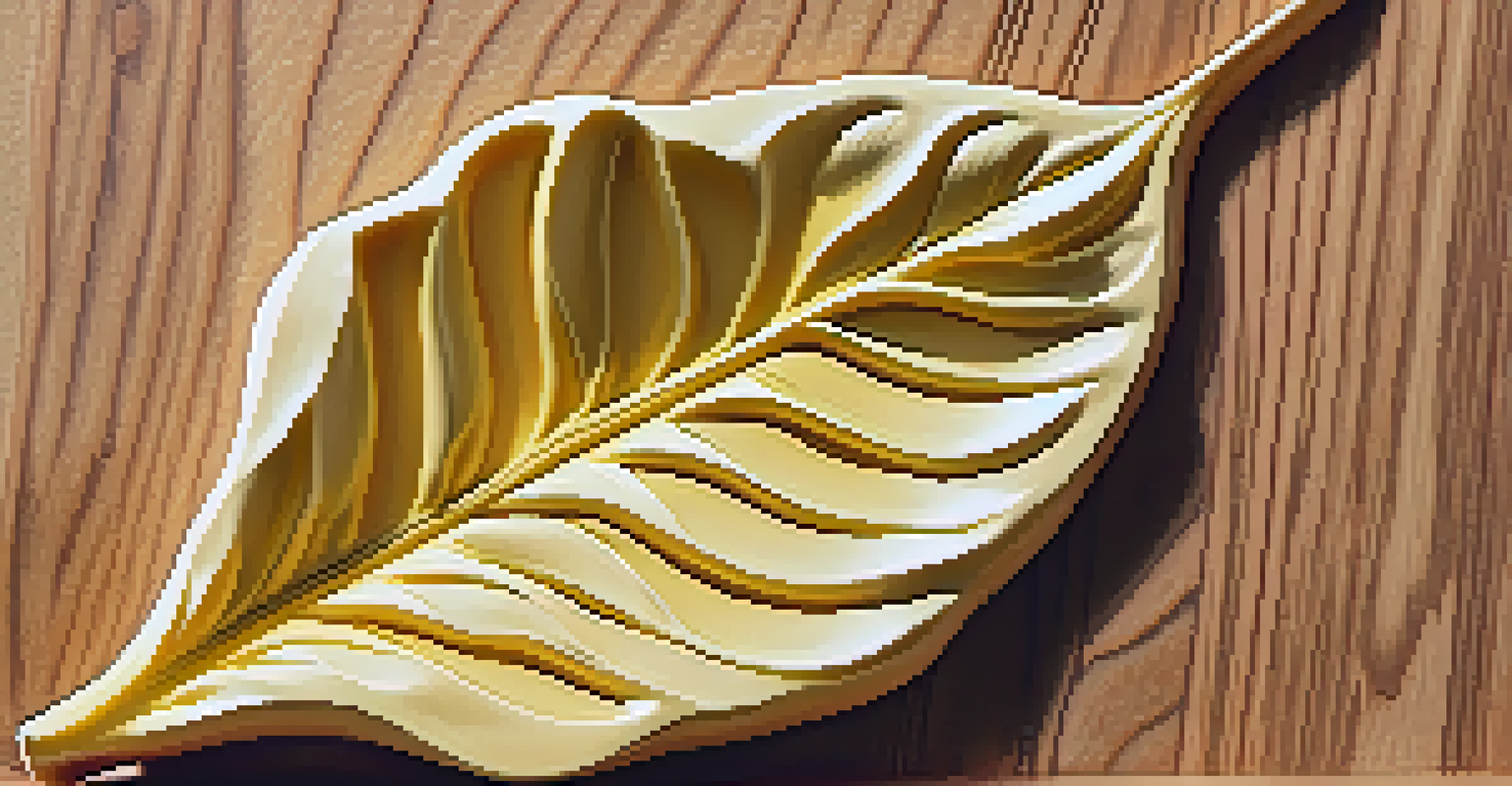 Close-up of a butter leaf sculpture on a wooden board, with sunlight highlighting the texture and details.