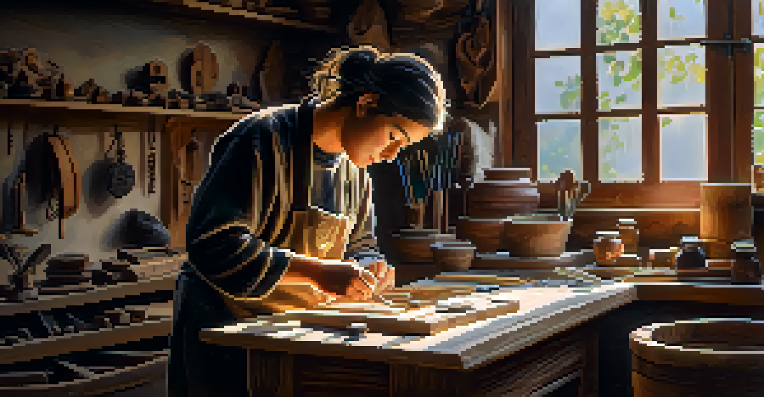 An artisan carving jewelry from sustainable wood in a well-lit workshop, surrounded by tools and natural light.