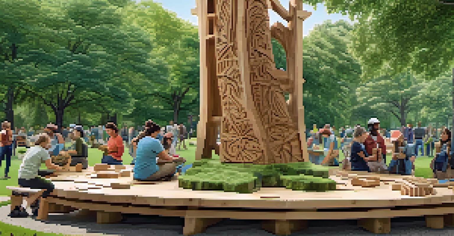 A group of people of various ages working on a large wooden sculpture in a park, surrounded by trees and a community art banner.