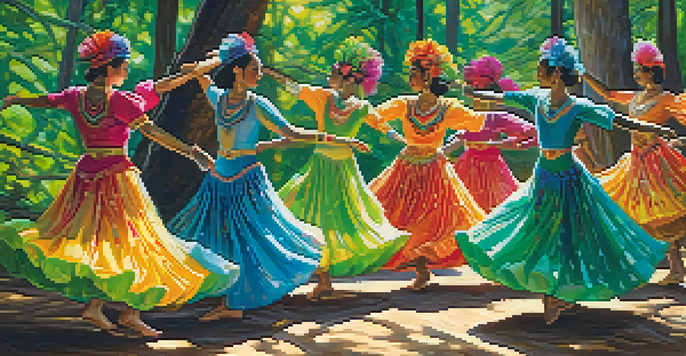 A group of dancers in colorful costumes performing in a green forest, with sunlight filtering through the leaves.