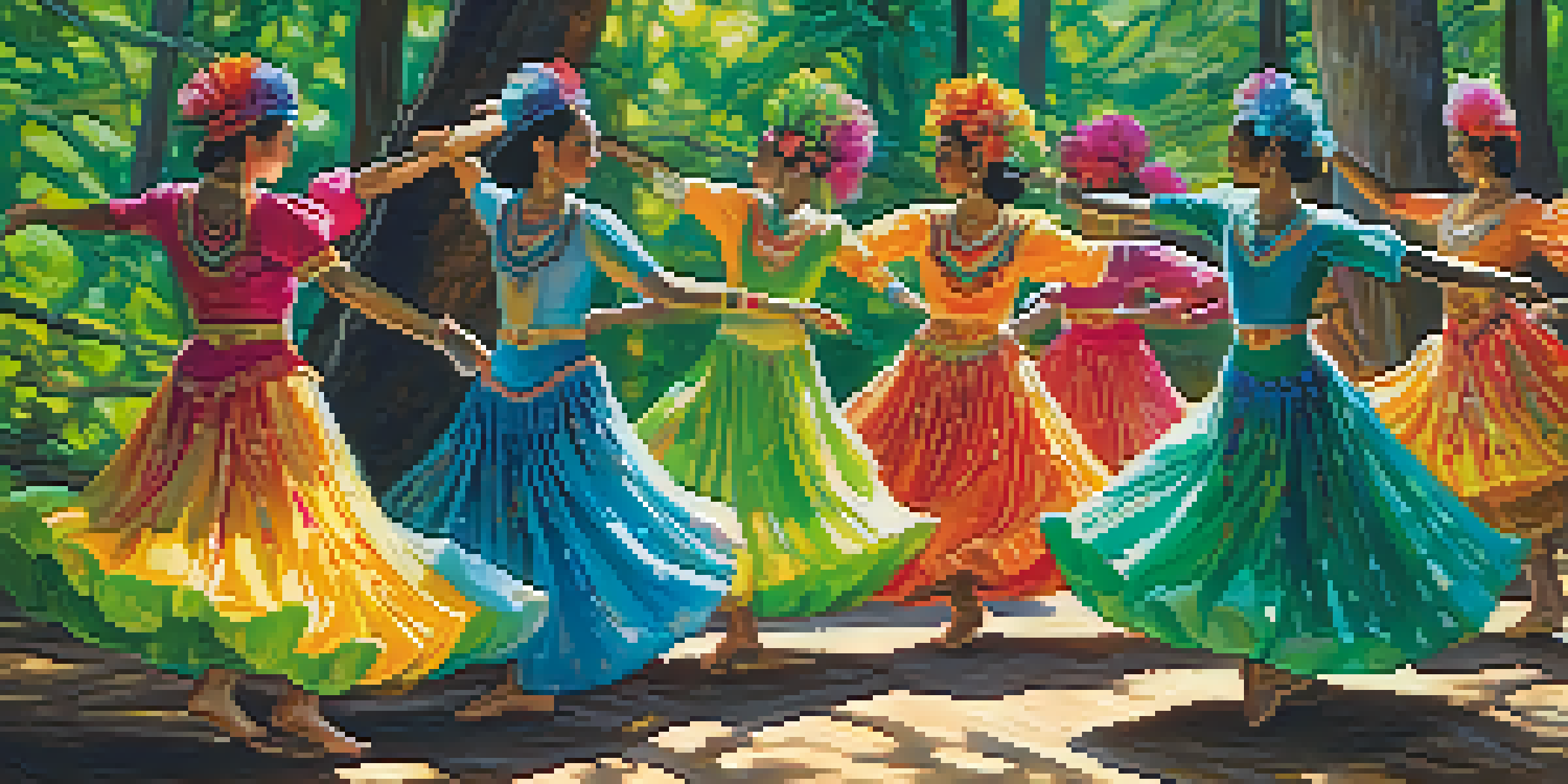 A group of dancers in colorful costumes performing in a green forest, with sunlight filtering through the leaves.
