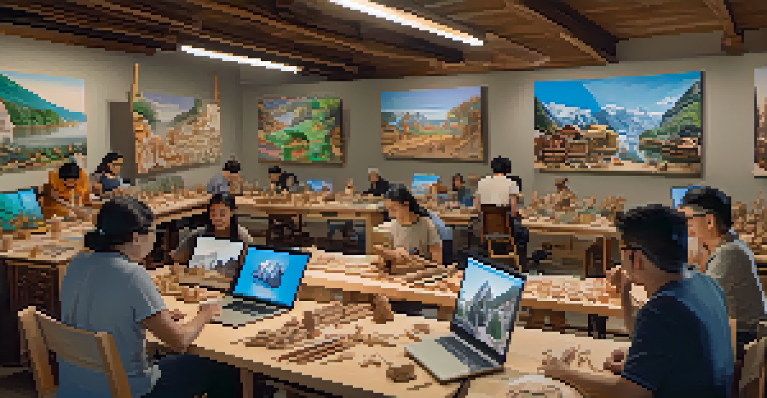 A virtual carving workshop with artisans from various countries participating via video call, each in their own workspace, showcasing different carving projects.