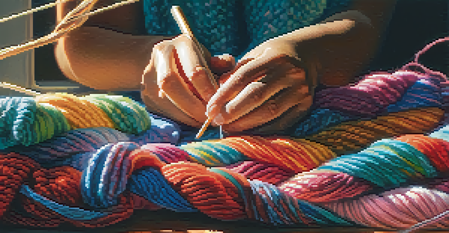 Close-up of hands knitting a colorful blanket with vibrant yarn, surrounded by a basket of yarn and softly blurred background.