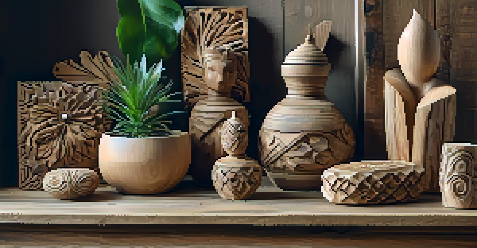 A collection of beautiful wood carvings made from reclaimed wood, displayed on a rustic table with plants in the background.