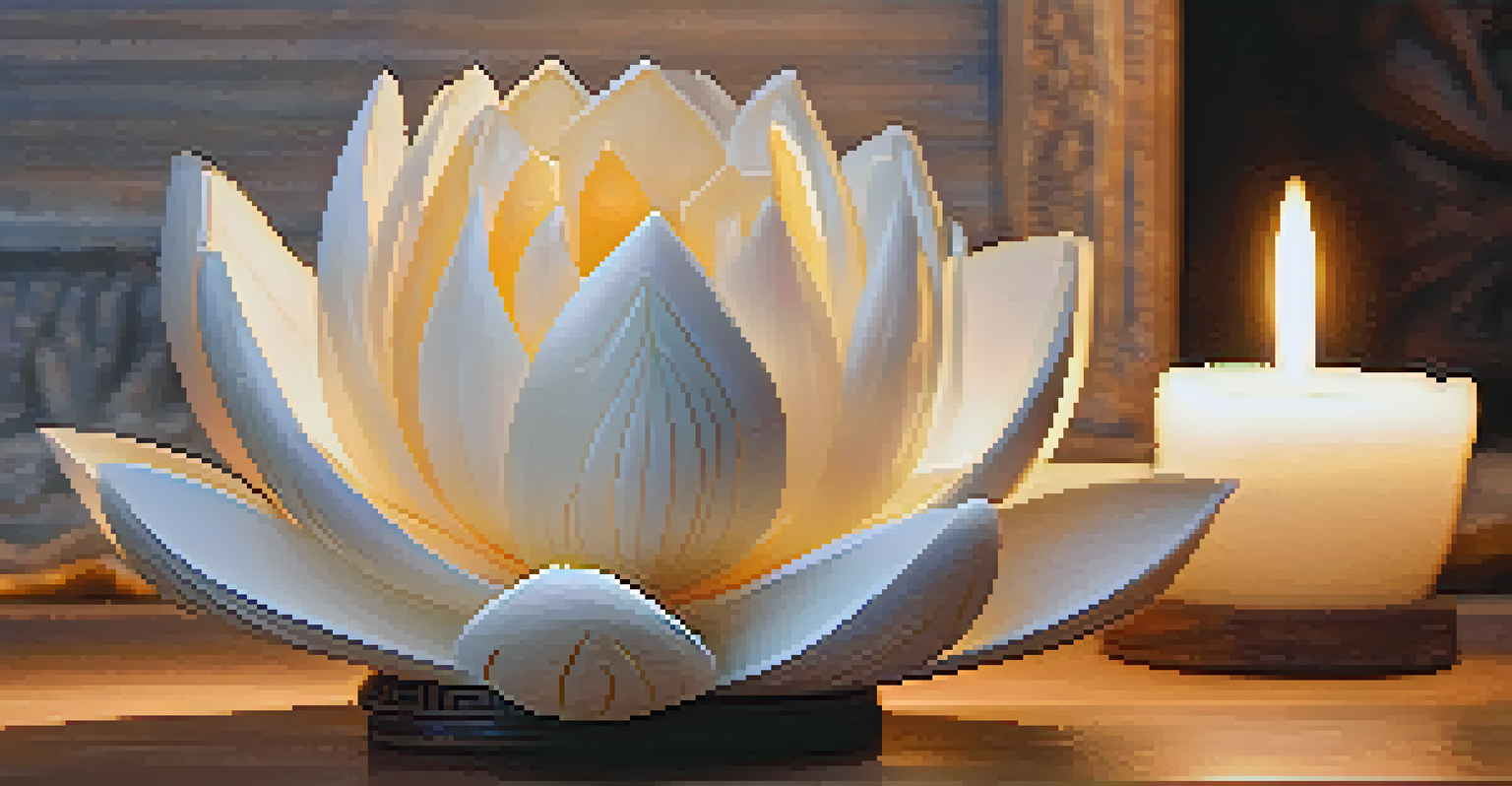 A close-up of a carved lotus flower sculpture with candlelight.