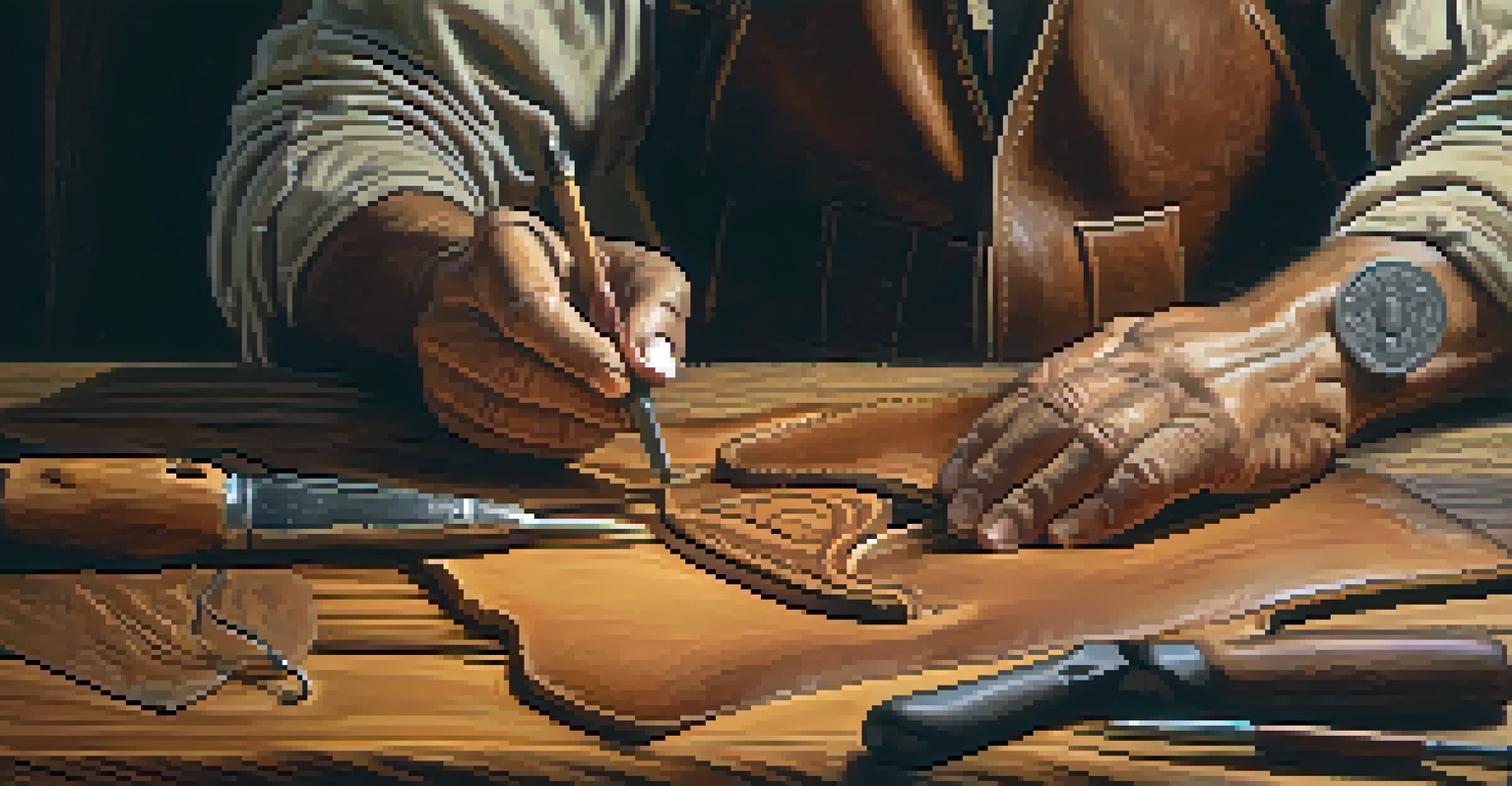An artisan's hands carving a leather piece, surrounded by tools on a wooden table, with warm lighting highlighting the textures.