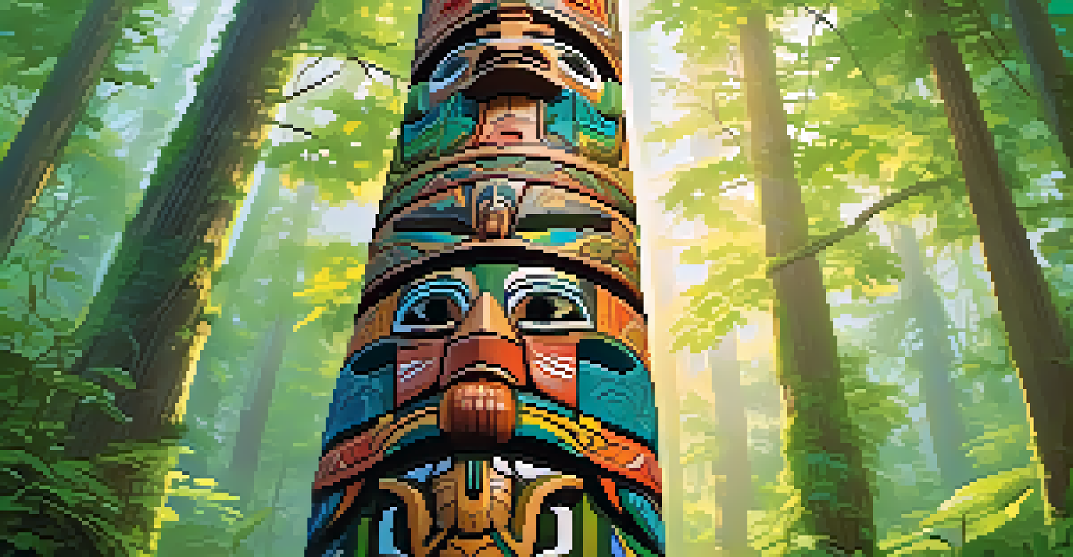 A tall, intricately carved totem pole in a green forest, showcasing vibrant colors and detailed animal designs.