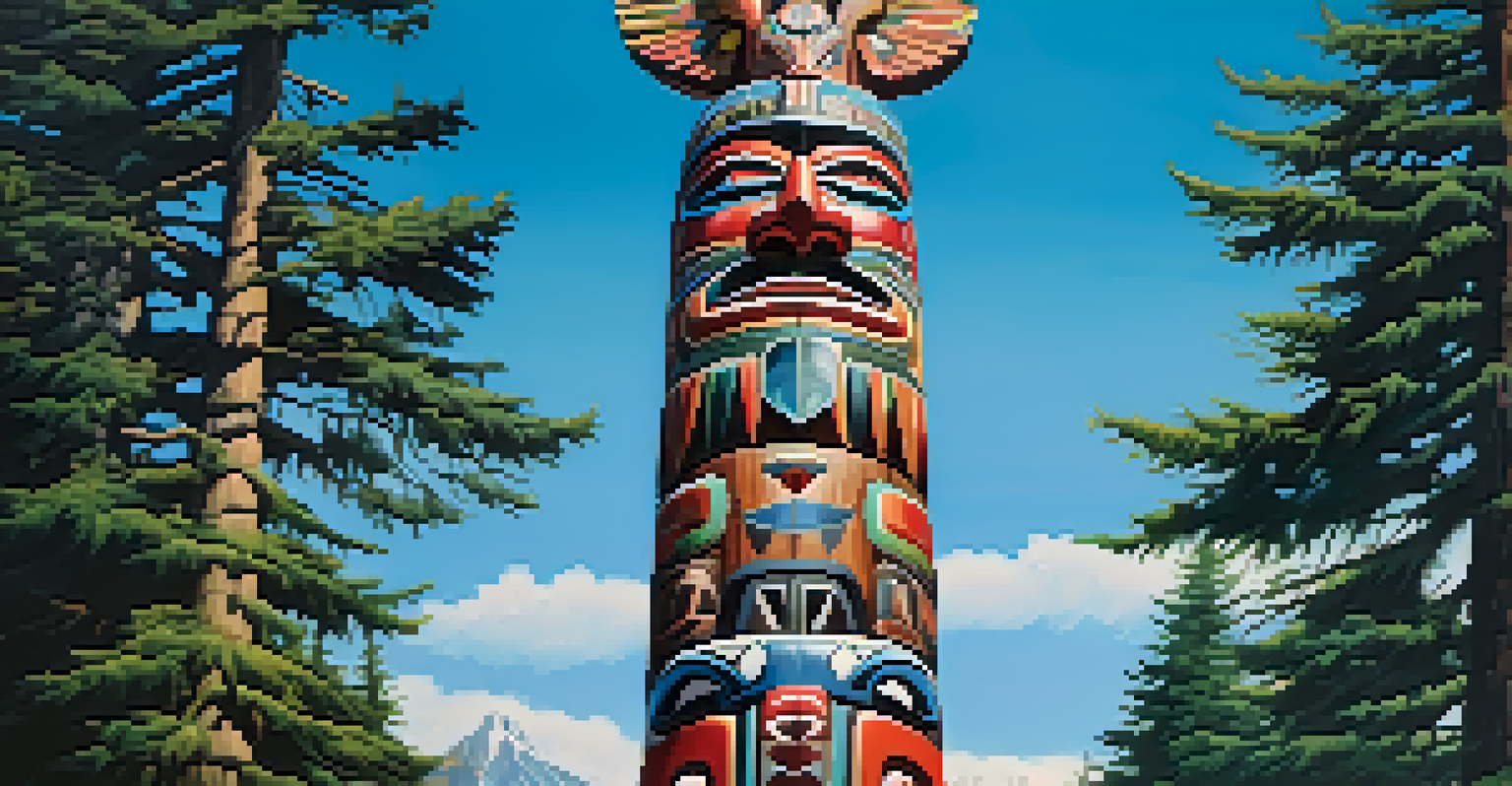 A tall and colorful totem pole with intricate carvings set against a bright blue sky and surrounded by green trees.