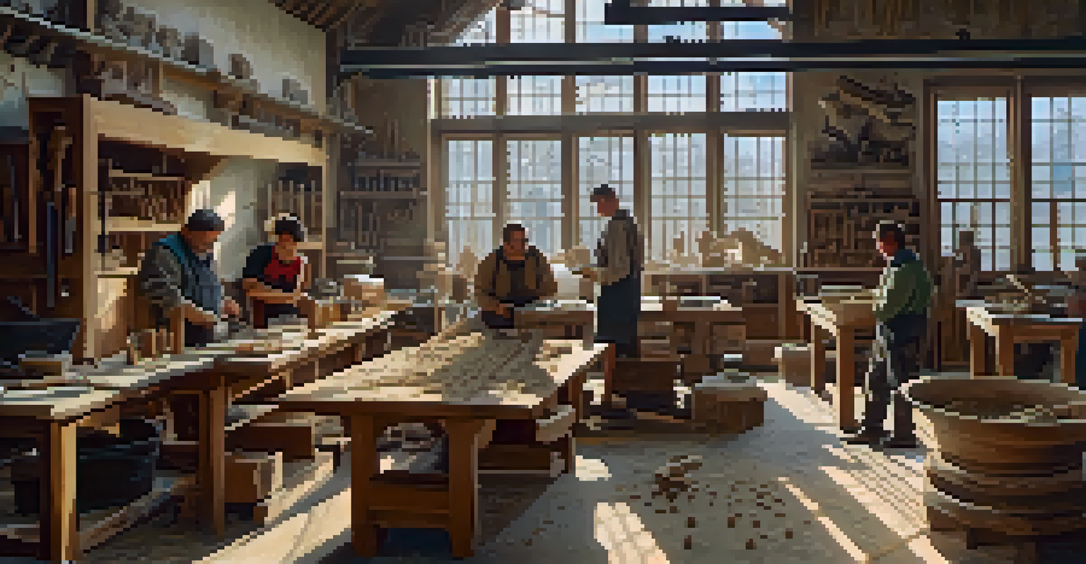 Artisans in a workshop working on stone and wood sculptures, surrounded by tools and illuminated by natural light.