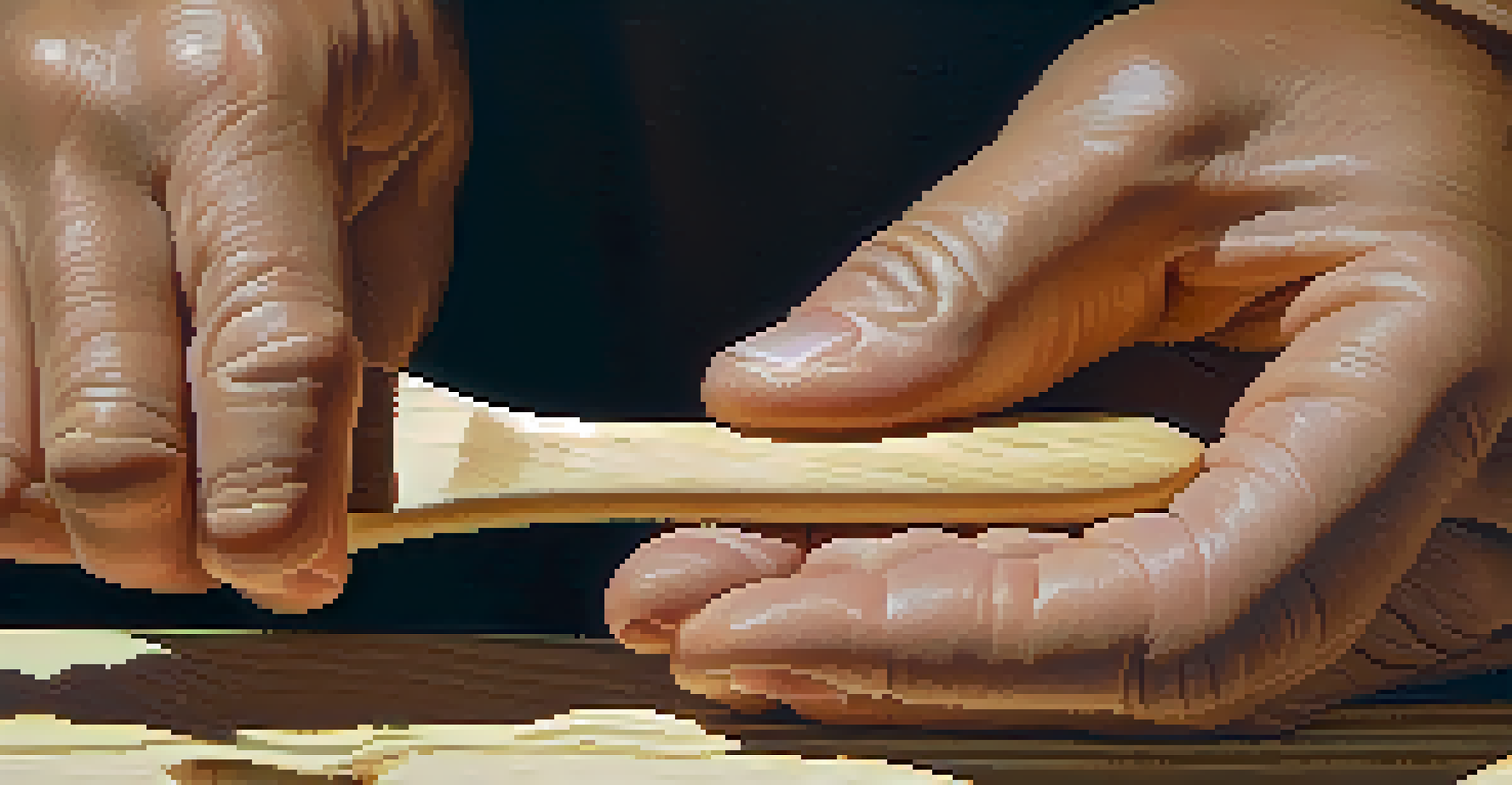 A close-up view of a person carving a wooden spoon, focusing on the texture of the wood and the tools used.