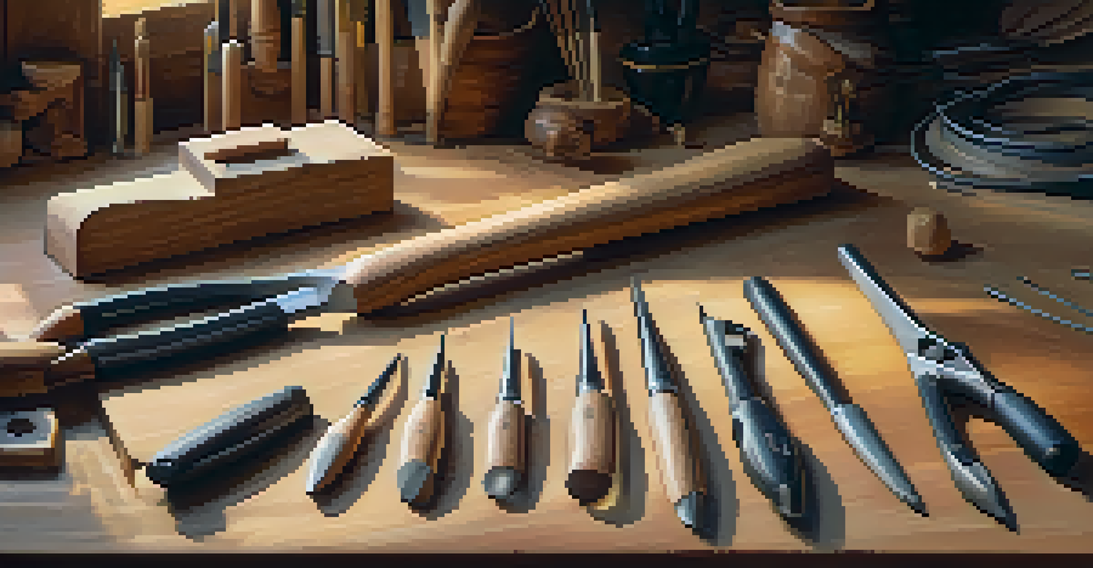 A close-up of ergonomic carving tools designed for comfort, with a blurred person carving in the background.