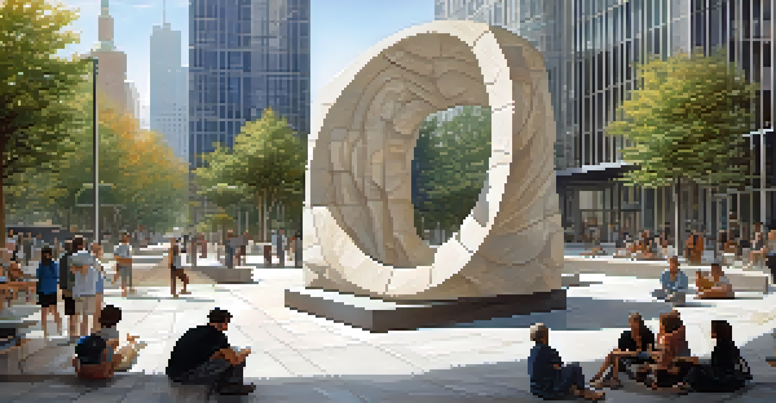A modern public square showcasing a carved stone sculpture amidst contemporary buildings, with people engaging in the vibrant setting.