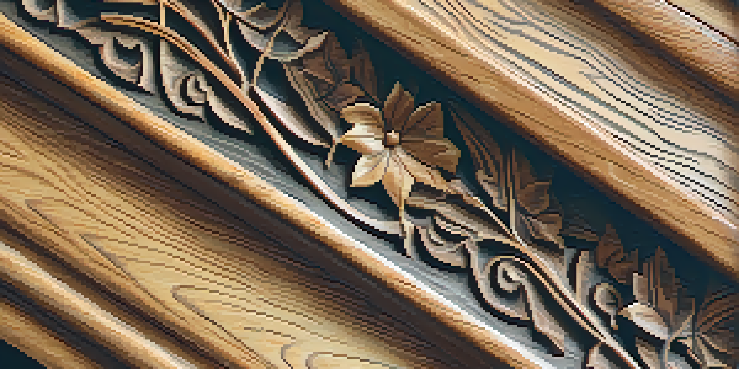 A detailed close-up of a wooden carving with cracks and chips, illuminated by soft natural light.