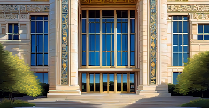 A modern building with intricately carved stone facade illuminated by golden sunlight, surrounded by green trees and a blue sky.