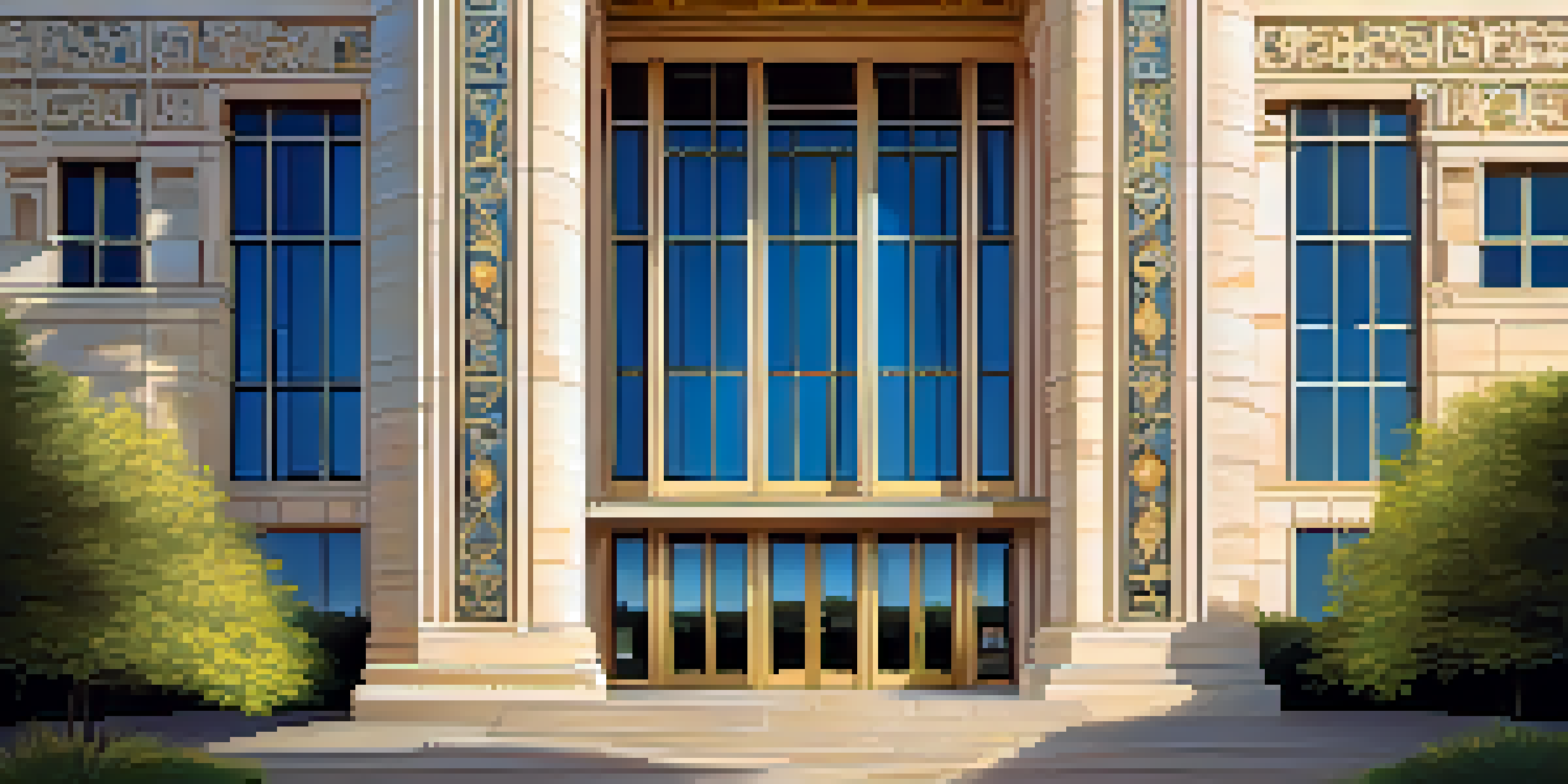 A modern building with intricately carved stone facade illuminated by golden sunlight, surrounded by green trees and a blue sky.