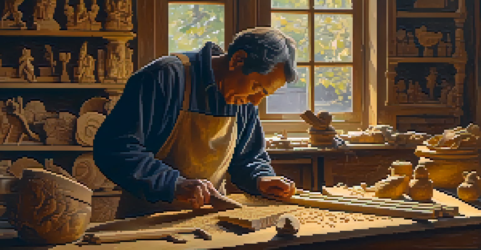 An artisan chiseling wood in a workshop, surrounded by tools and carved sculptures, with warm light illuminating the scene.