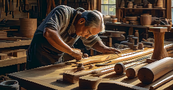 A skilled artisan carving a wooden sculpture in a sunlit workshop, with traditional tools around.
