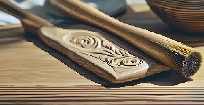 A close-up of a wooden carving with a natural finish, emphasizing the grain and texture under soft light.