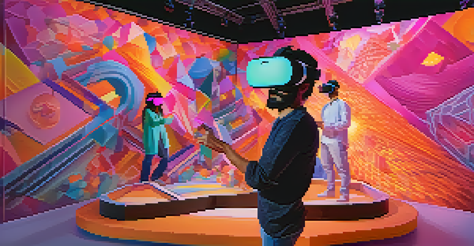 Artists wearing VR headsets collaborate on 3D sculptures in a colorful virtual reality environment filled with glowing geometric shapes, showcasing creativity and teamwork.
