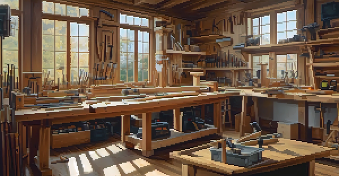 A clean and organized woodworking workspace with various power tools arranged on a workbench, illuminated by natural light.