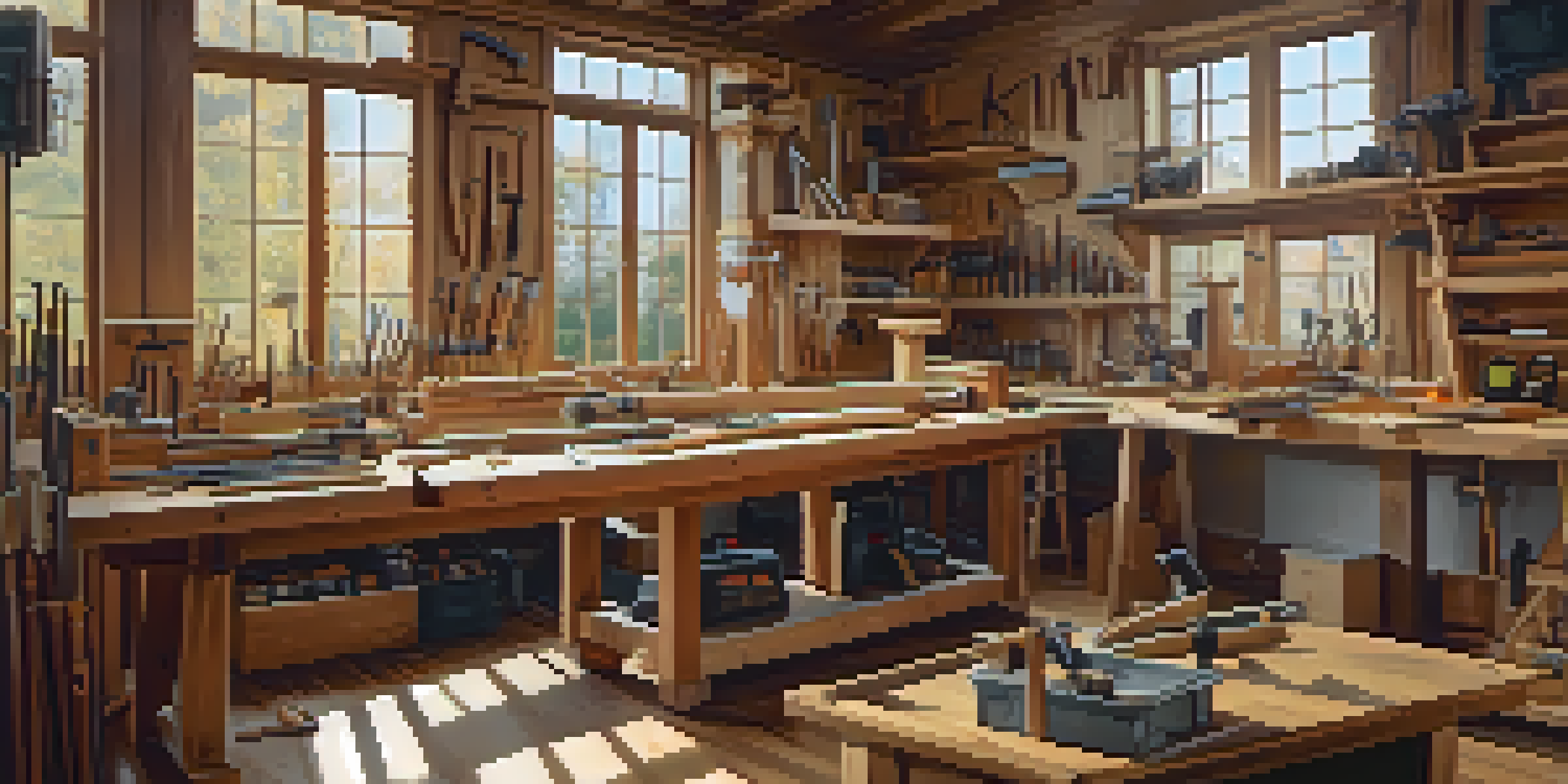 A clean and organized woodworking workspace with various power tools arranged on a workbench, illuminated by natural light.