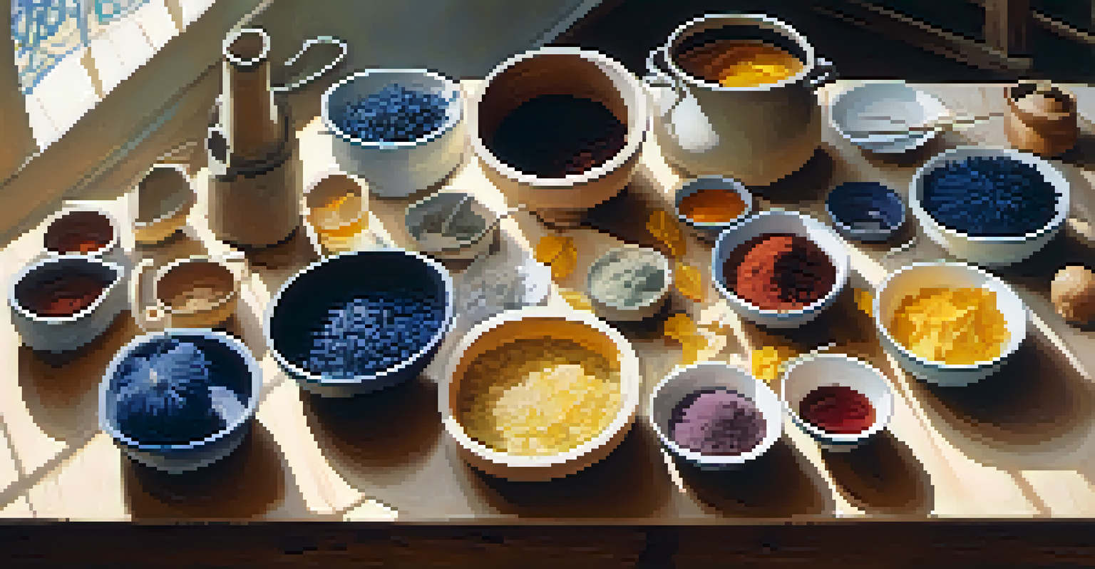A wooden table with natural dye materials and a simmering pot, illuminated by sunlight.