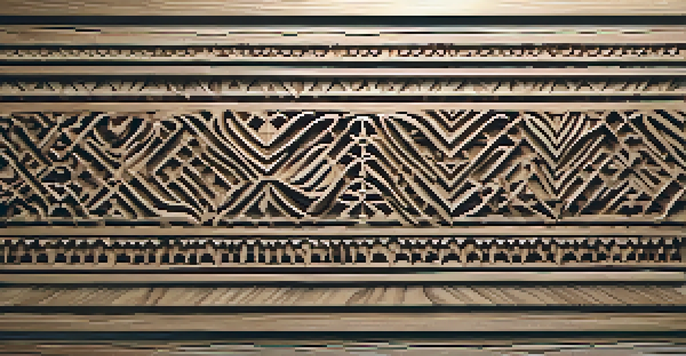A detailed view of a wooden surface with intricate carvings and geometric patterns, illuminated by soft lighting.