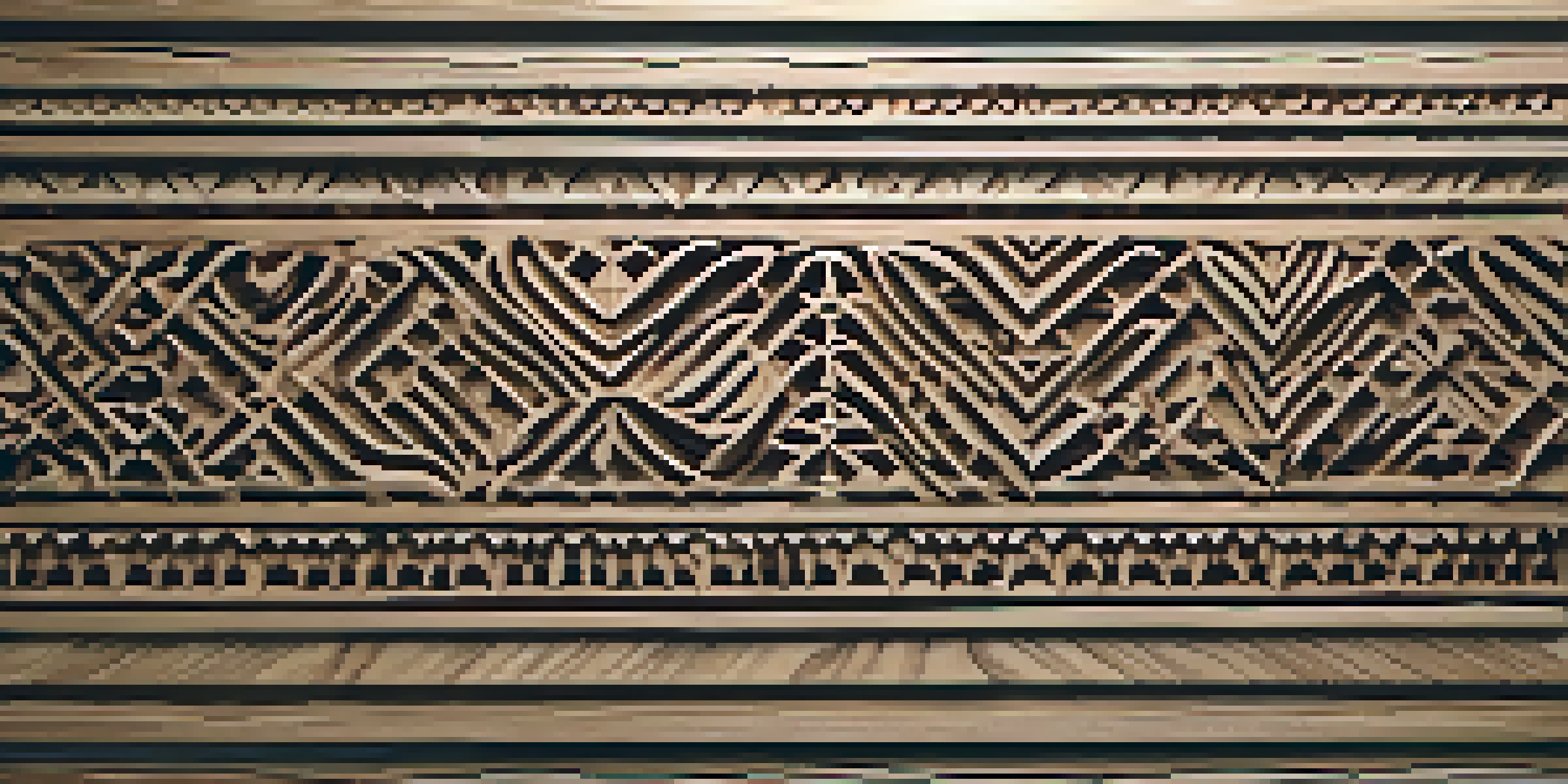 A detailed view of a wooden surface with intricate carvings and geometric patterns, illuminated by soft lighting.
