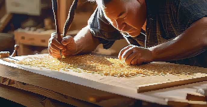 An artisan carving a wooden sculpture in a well-lit workshop, surrounded by tools and wood shavings.