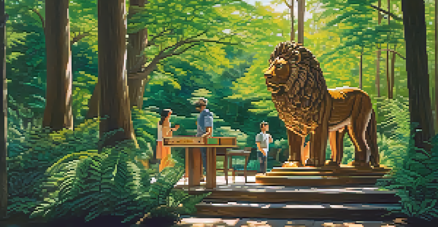 An artist presenting a large wooden sculpture in a forest clearing, surrounded by nature and admirers.