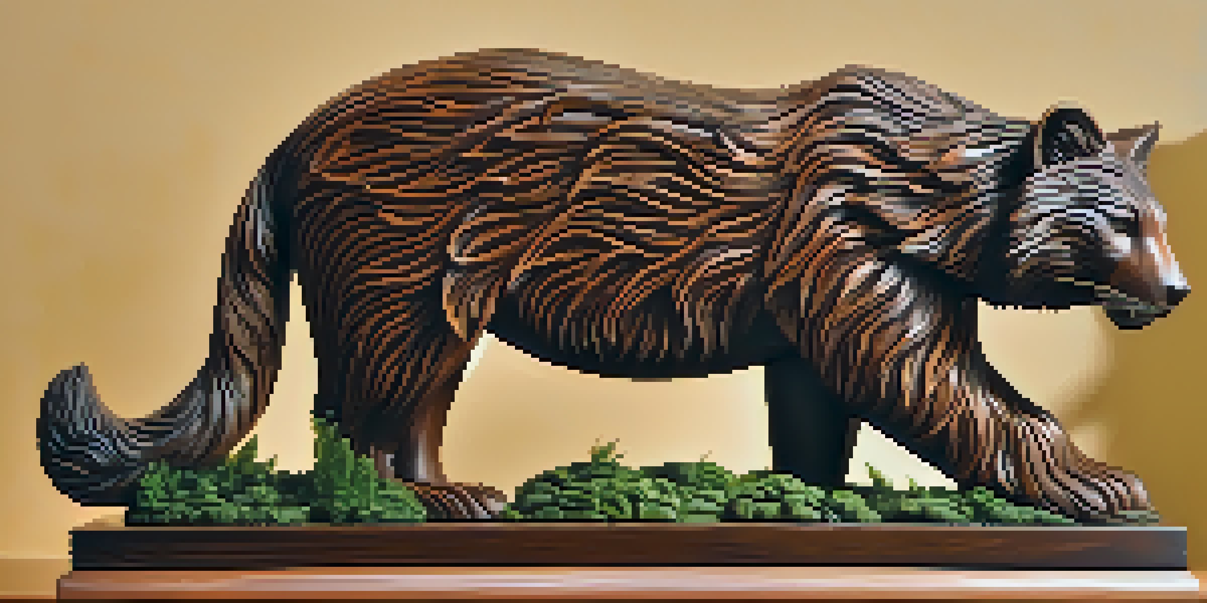 A detailed wooden sculpture of an endangered animal surrounded by green plants and soft sunlight.