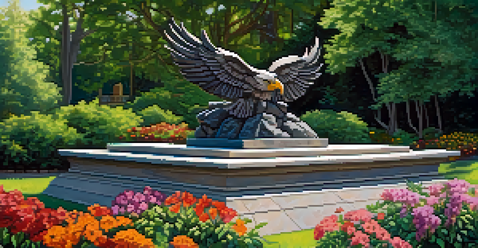 An outdoor granite sculpture of an eagle, surrounded by greenery and flowers, with sunlight highlighting its details.