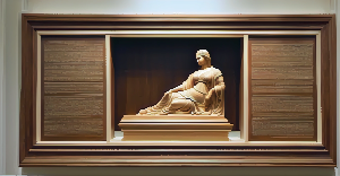 A carved wooden statue in a gallery setting, illuminated by soft light, showcasing intricate details and textures.