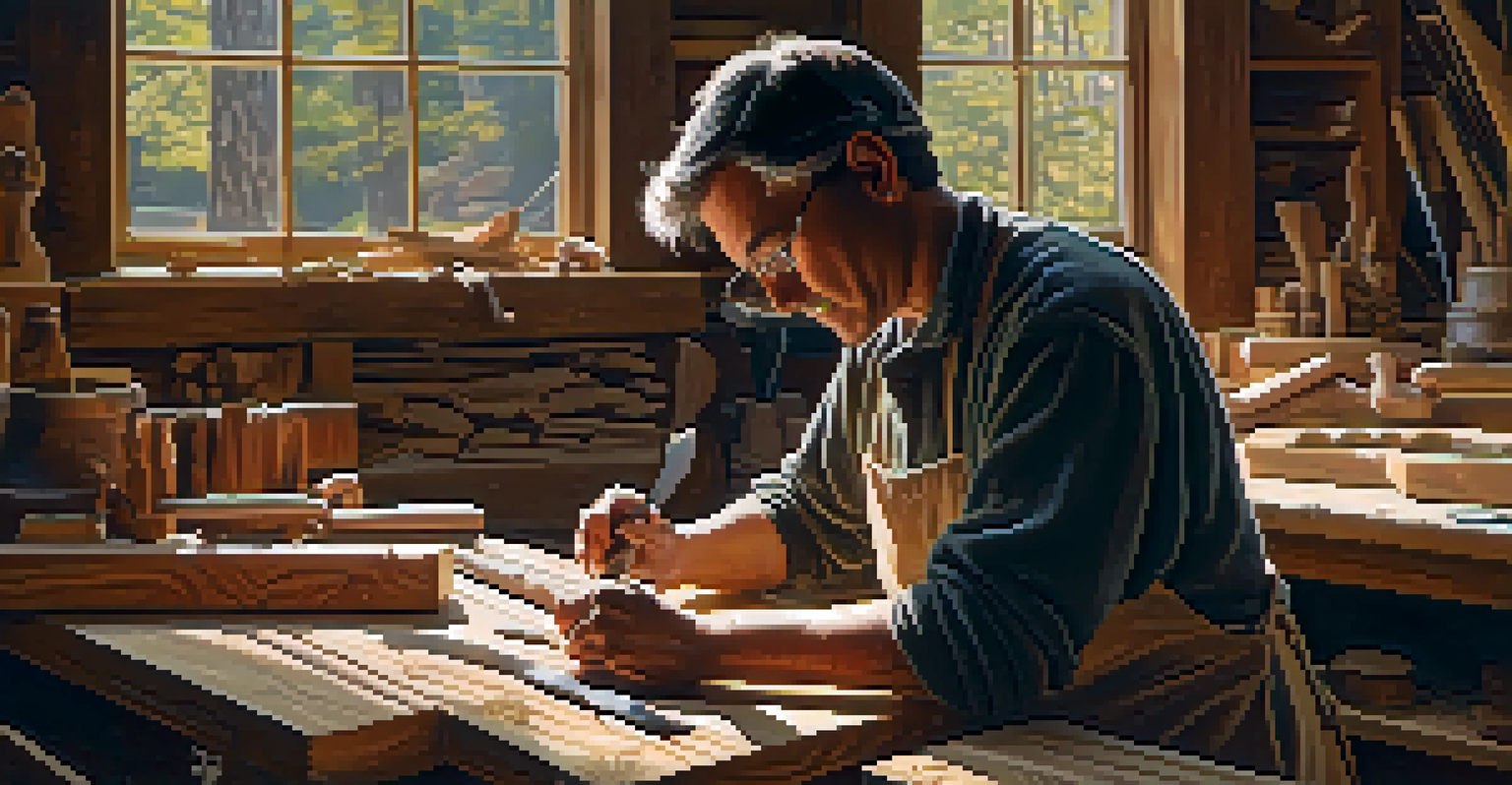 An artist carving wood with a knife in a well-lit workshop, surrounded by tools and wood shavings.
