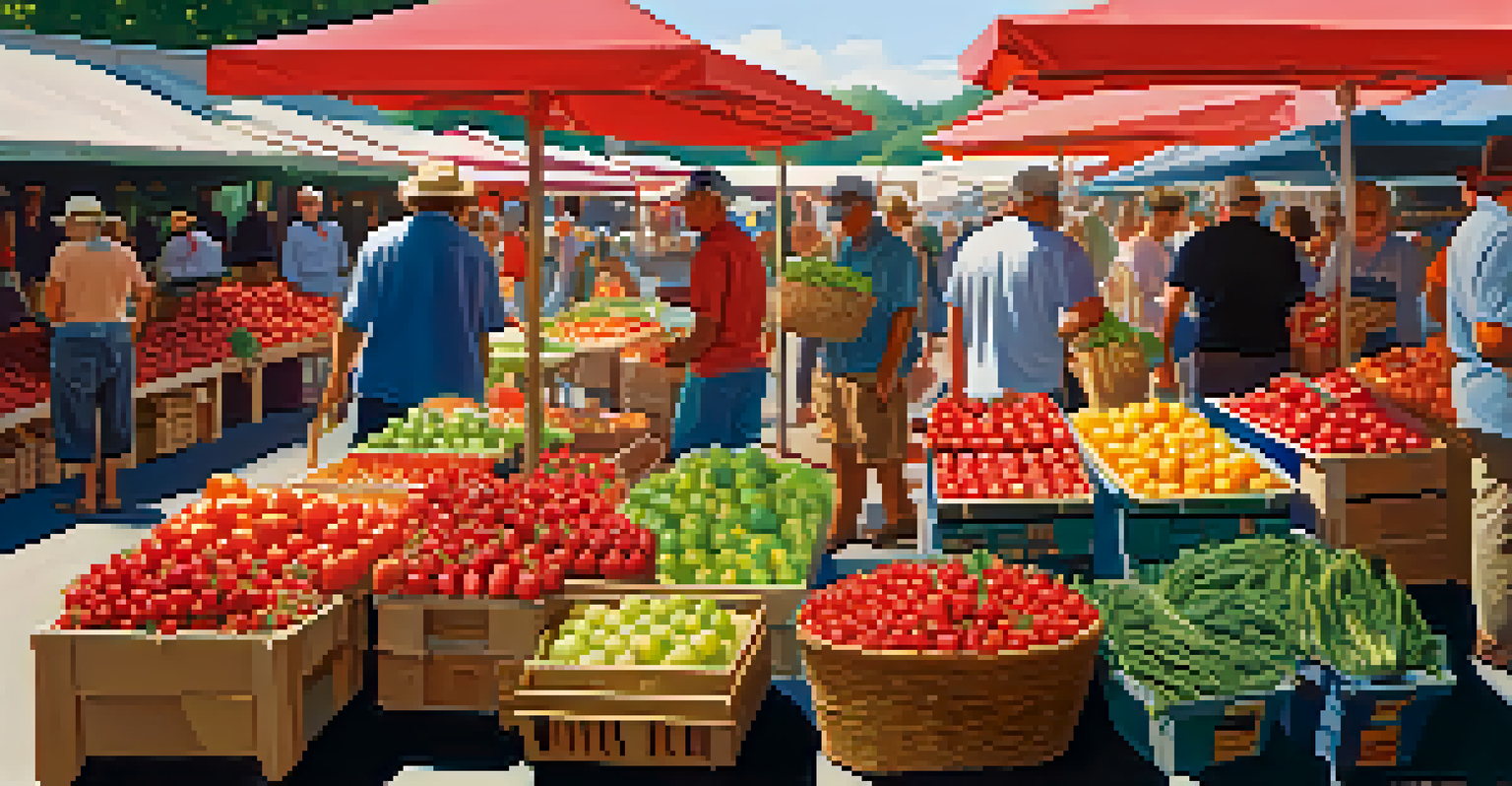 A lively farmer's market with colorful fruits and vegetables, shoppers interacting with vendors, and sunlight streaming through canopies.