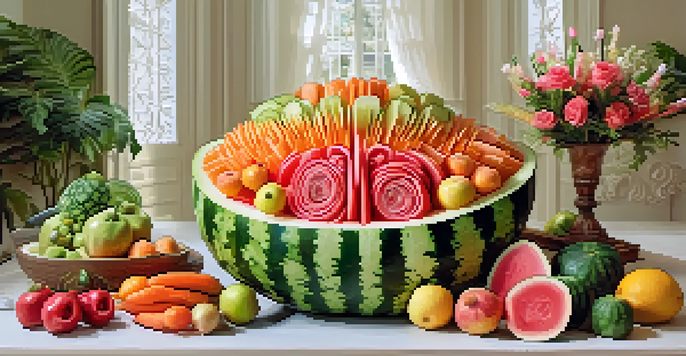 A colorful and artistic fruit carving display with a carved watermelon centerpiece and decorative fruit arrangements.