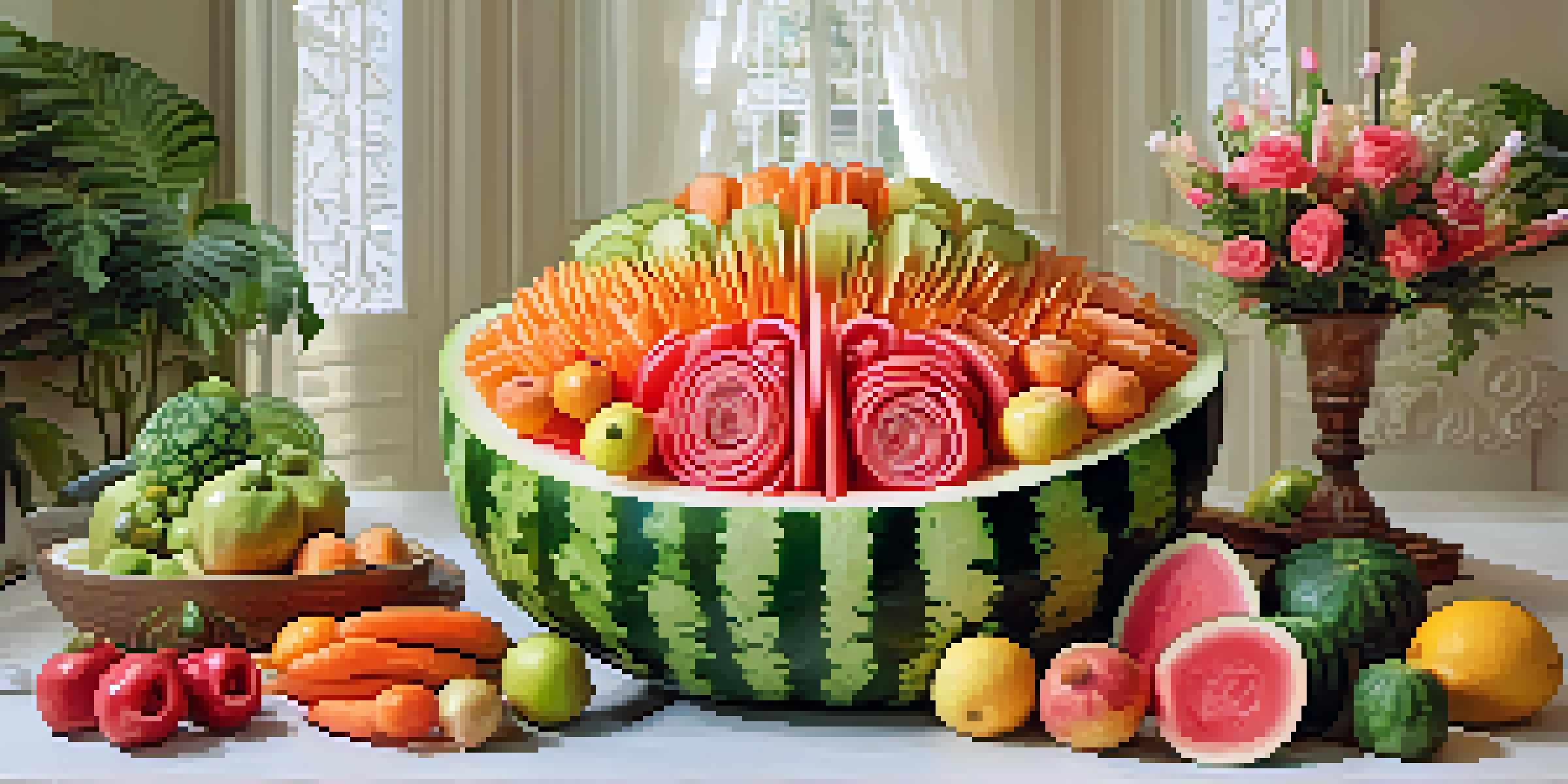 A colorful and artistic fruit carving display with a carved watermelon centerpiece and decorative fruit arrangements.