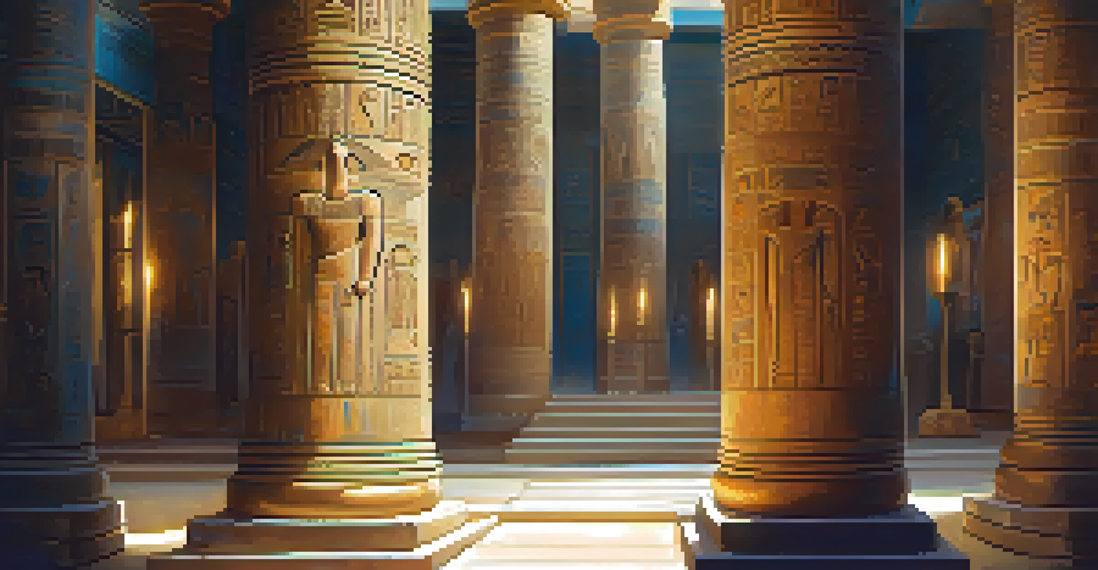 The interior of an ancient Egyptian temple with carved stone columns and walls, illuminated by flickering candlelight.