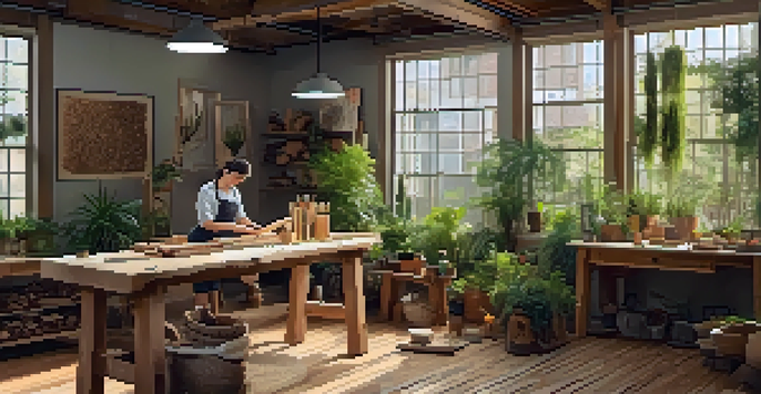 An artist in a bright workshop carving a sculpture from reclaimed wood, surrounded by tools and plants.