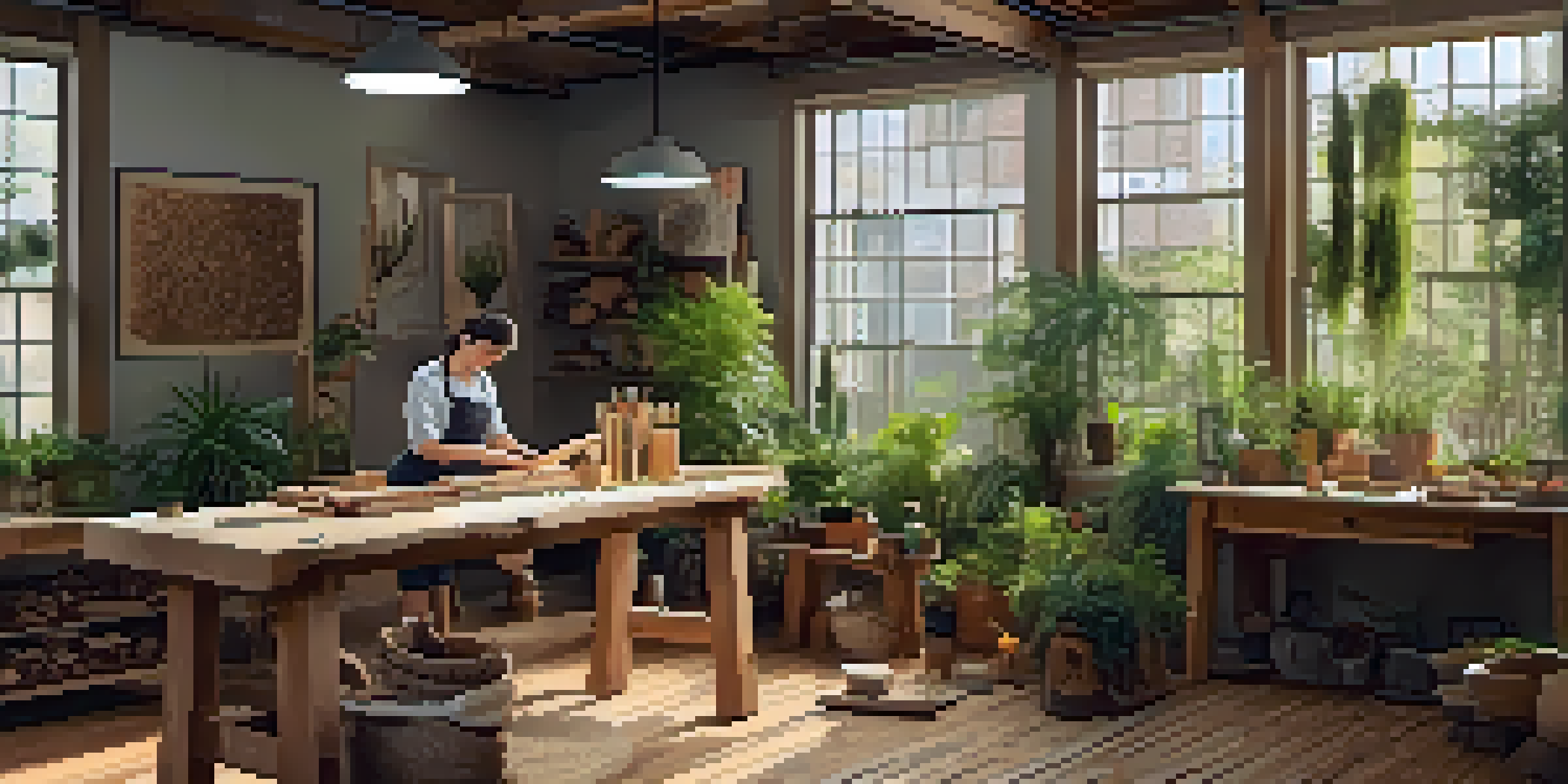 An artist in a bright workshop carving a sculpture from reclaimed wood, surrounded by tools and plants.