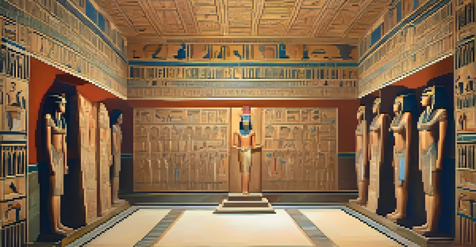 The interior of an ancient Egyptian tomb filled with colorful carvings of gods and mythological scenes, softly lit to showcase the details.