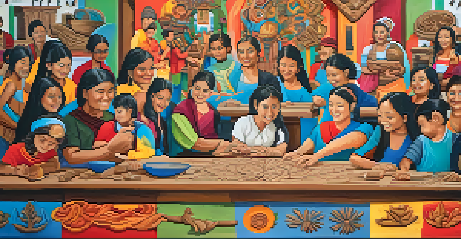 A lively community workshop with artisans collaborating on a wooden mural, filled with cultural symbols.