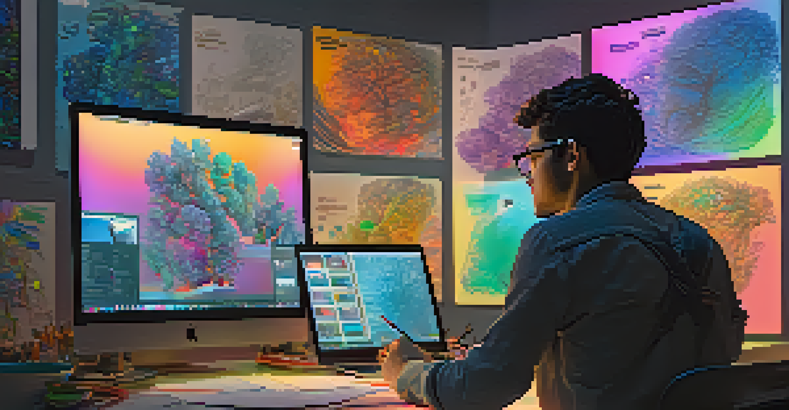 An artist designing a sculpture on a computer, surrounded by colorful sketches and 3D models in a modern workspace.