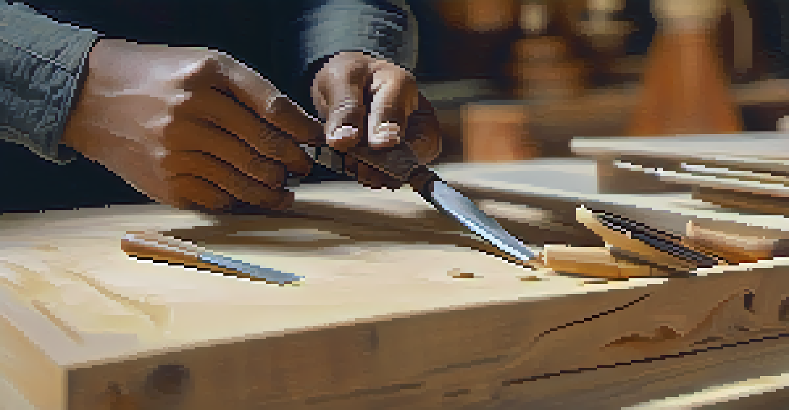 A person checking a carving tool for damage with a blurred wooden sculpture in the background.